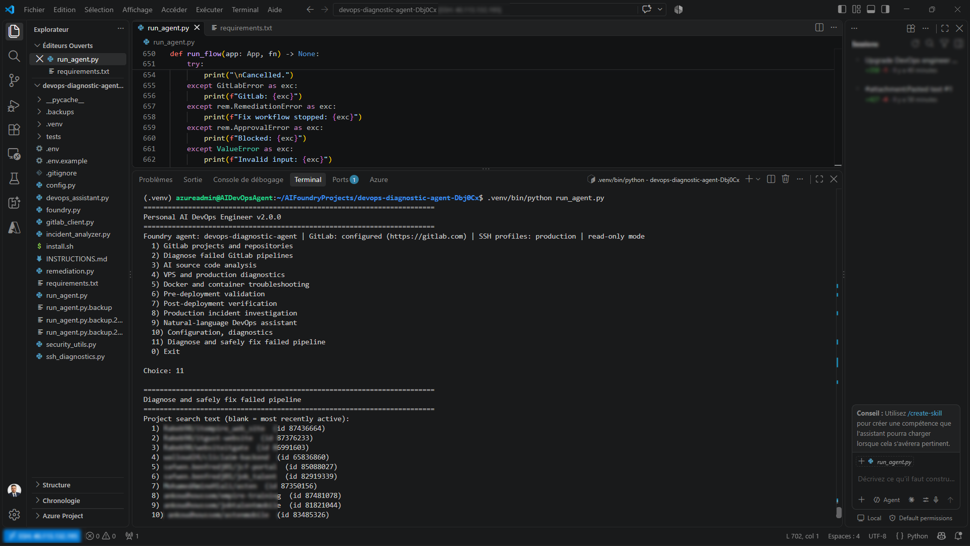 Main menu of my personal AI DevOps Engineer v2.0.0 showing the Foundry agent, GitLab configuration, SSH profile, read-only mode and the eleven workflows