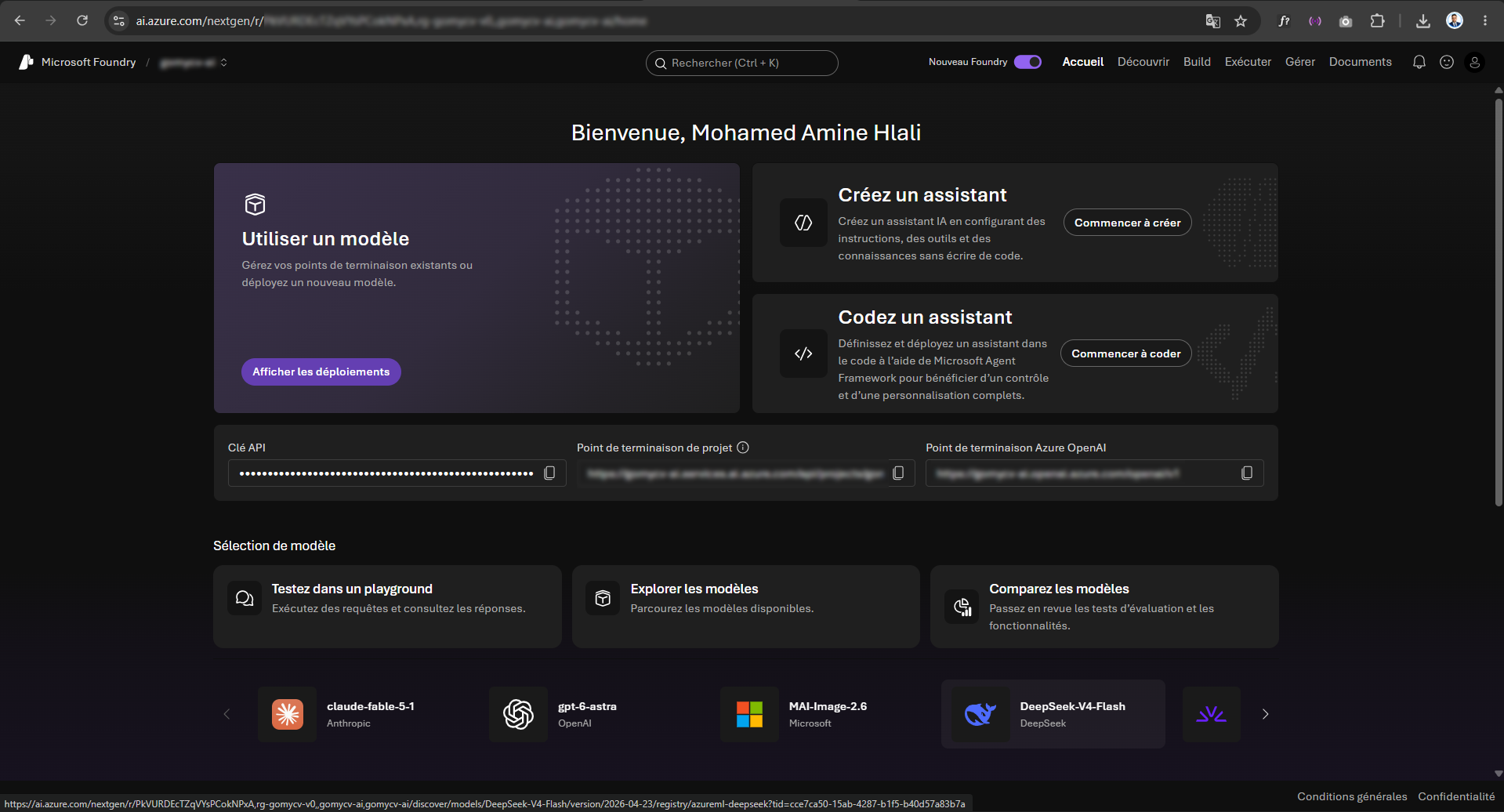 Microsoft Foundry portal showing the model catalog and the Deployments menu