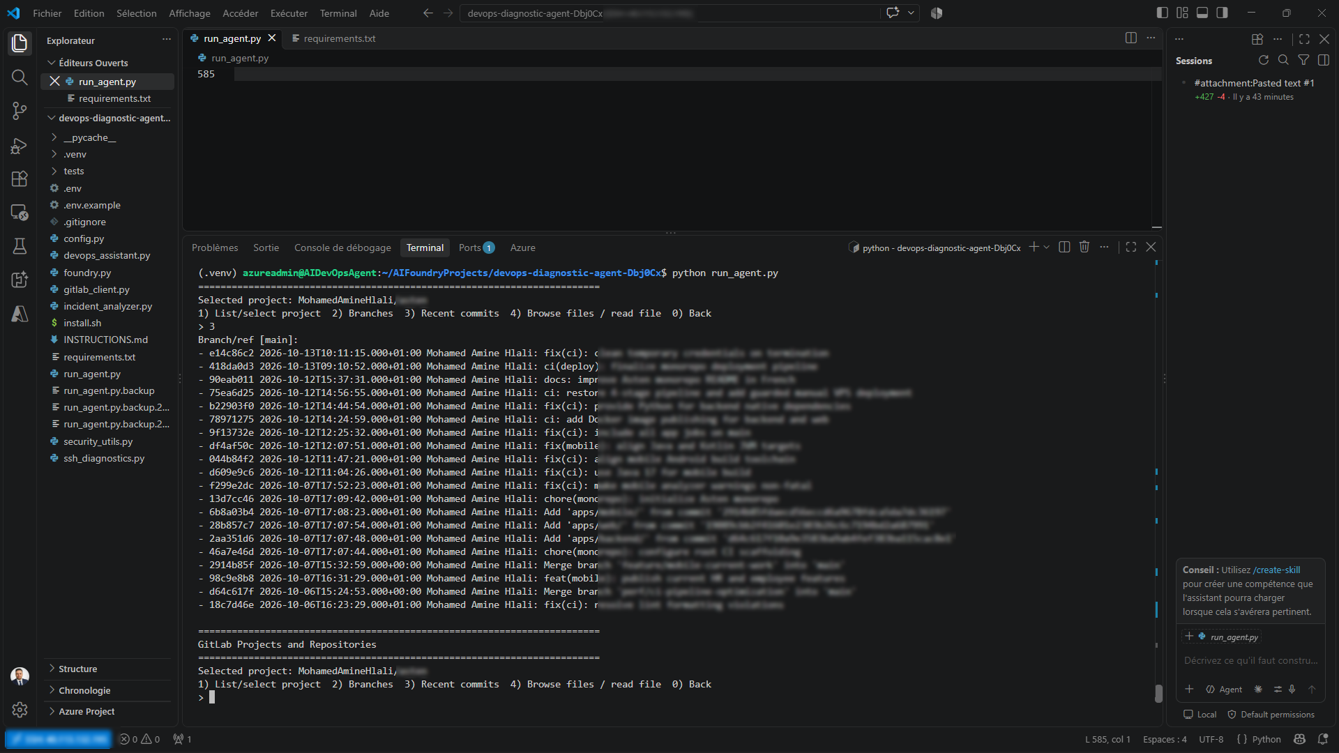 Terminal showing the GitLab project menu with branch and recent commit listing for a selected project