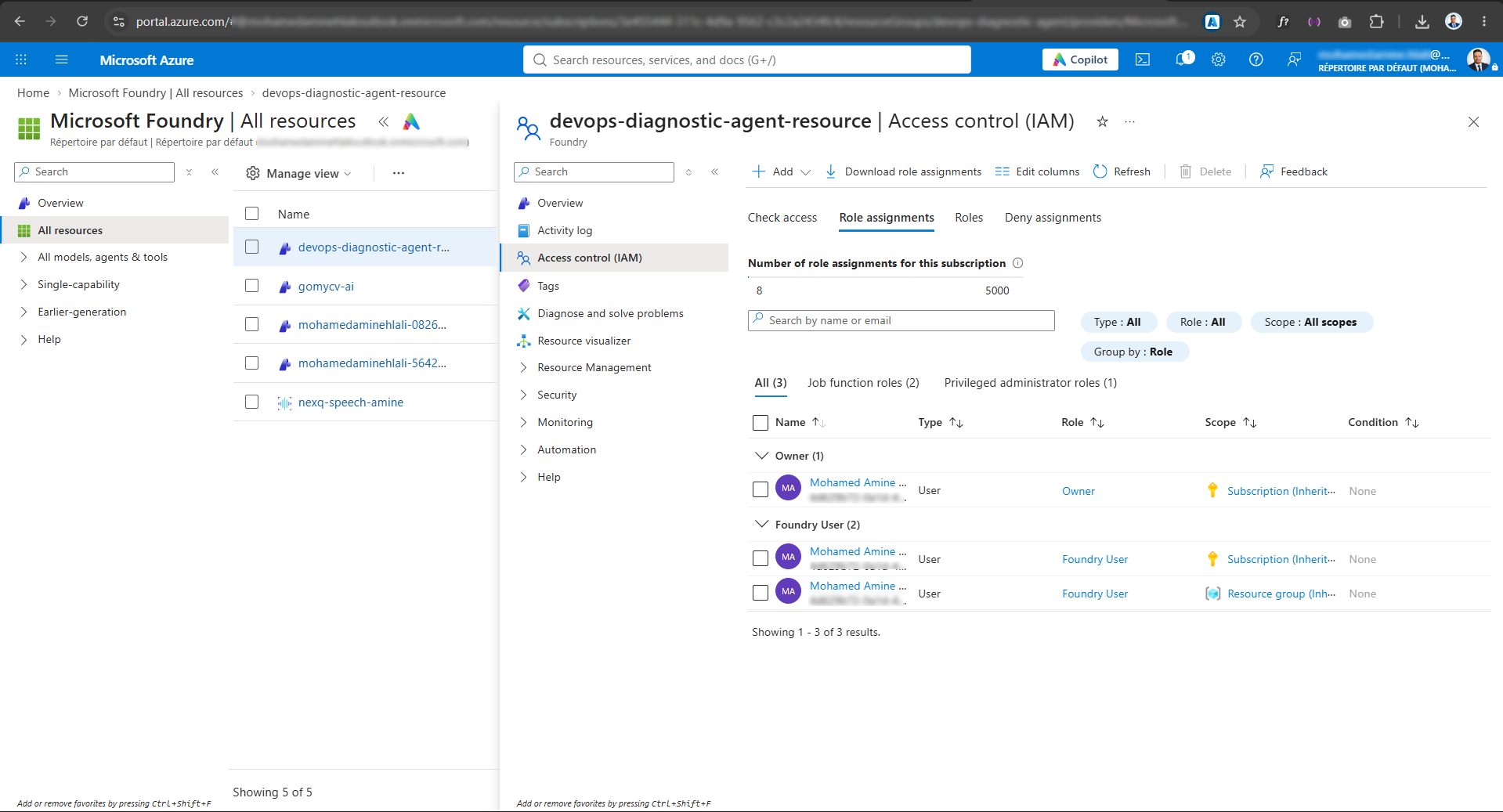 Access control (IAM) showing the Cognitive Services OpenAI User role assigned to a managed identity