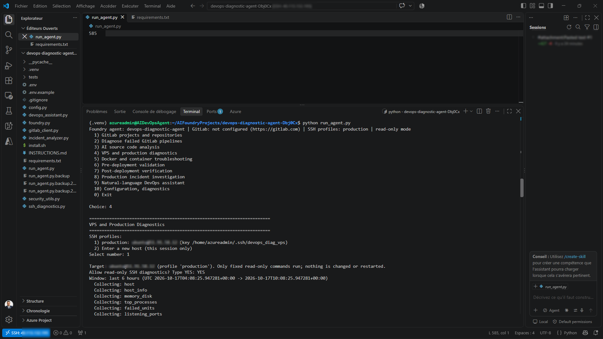 Terminal showing the VPS and production diagnostics menu, an SSH profile selection, a statement that only fixed read-only commands run, a YES confirmation prompt and the list of collectors