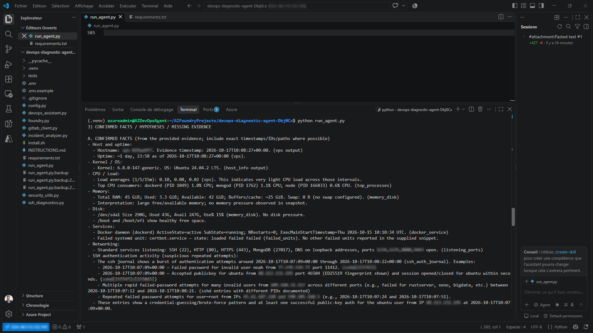 Terminal showing the AI analysis of the SSH evidence with a section of confirmed facts: uptime, kernel, CPU load, memory, disk, services, failed units, listening ports and SSH authentication activity