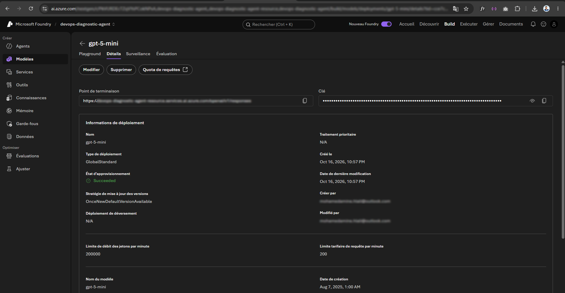 Deployments list in Microsoft Foundry showing the deployment name next to the model