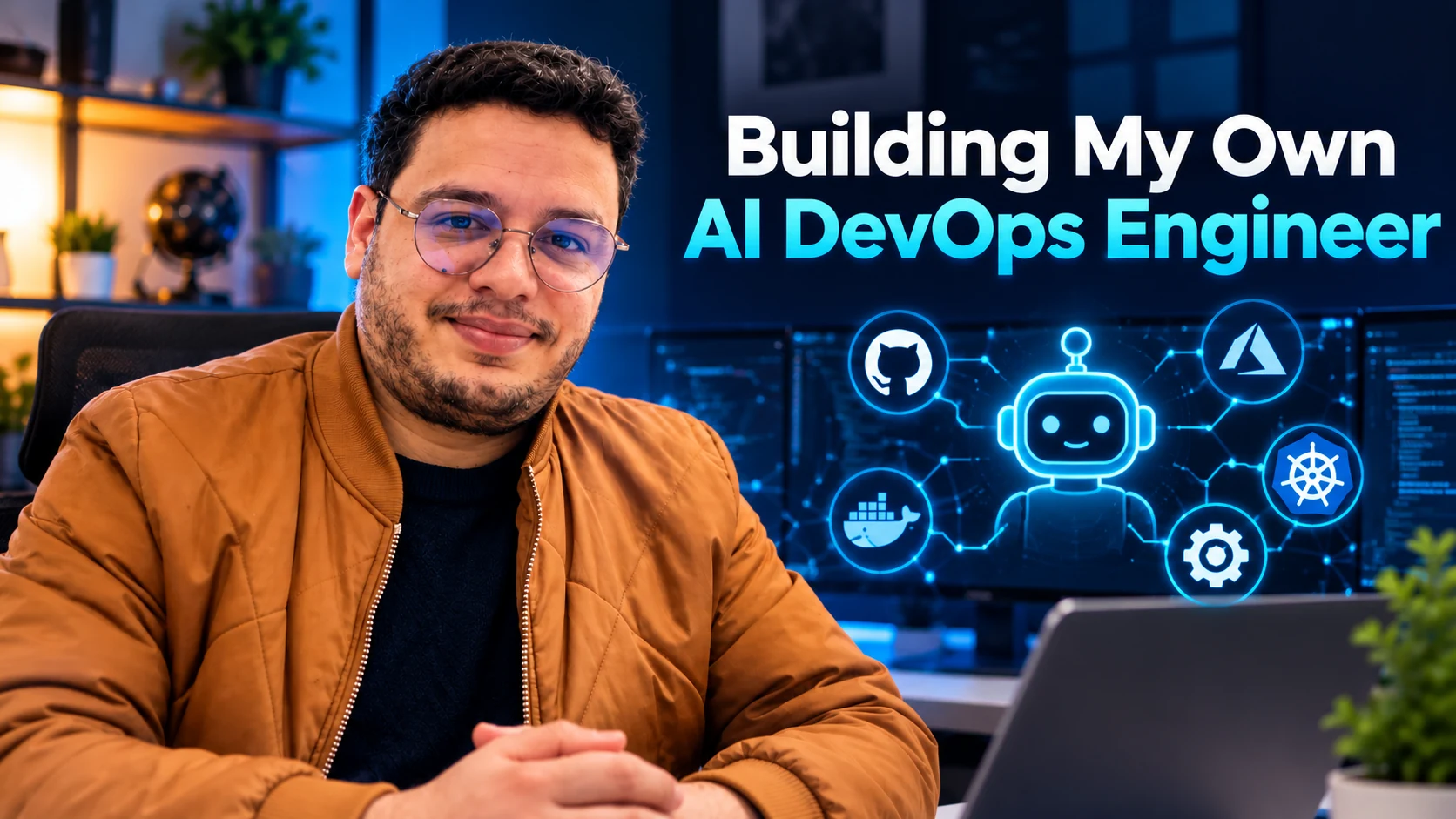 Mohamed Amine Hlali smiling at his desk next to the title Building My Own AI DevOps Engineer and a glowing robot icon connected to GitHub, Azure, Docker, Kubernetes and automation icons